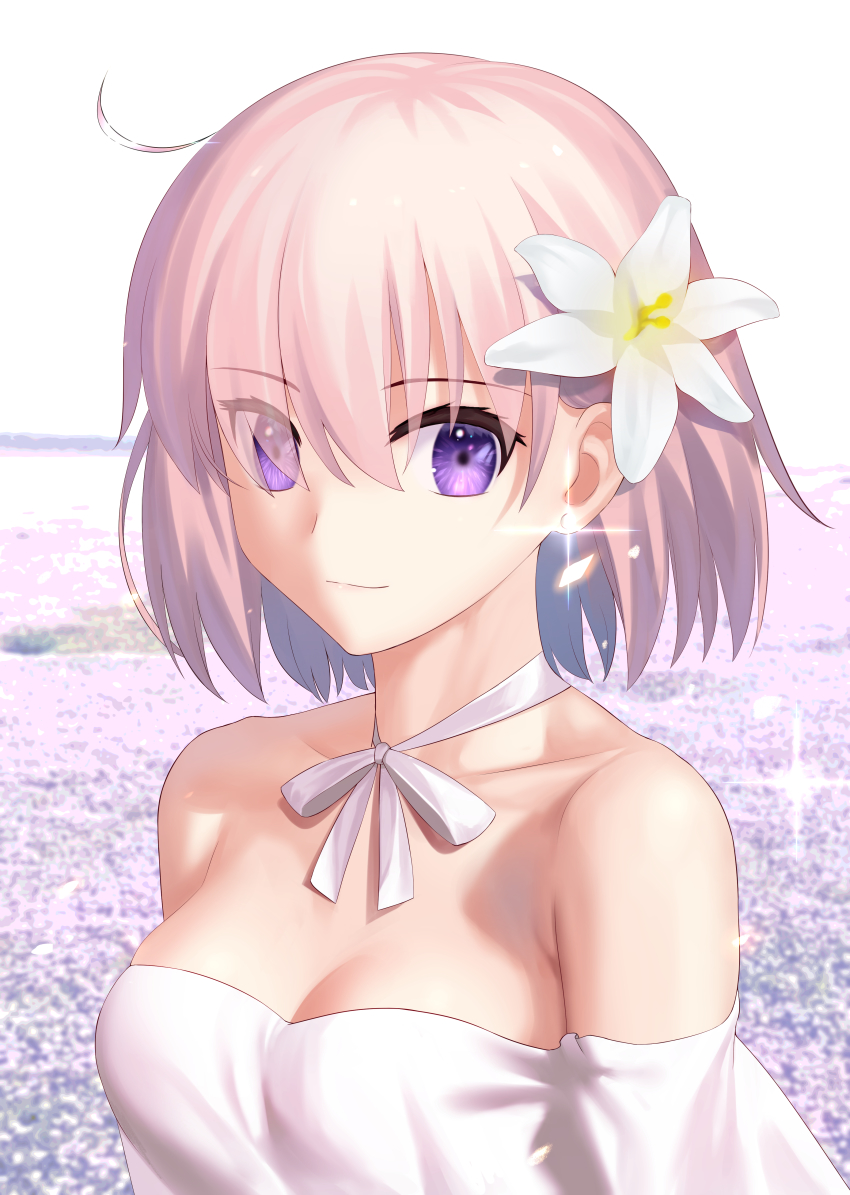 1girl absurdres besmiled breasts cleavage closed_mouth collarbone day dress earrings eyes_visible_through_hair fate/grand_order fate_(series) field flower flower_field glint hair_flower hair_ornament hair_over_one_eye highres jewelry looking_at_viewer mash_kyrielight mash_kyrielight_(formal_dress) medium_breasts neck_ribbon off-shoulder_dress off_shoulder outdoors pink_hair purple_eyes ribbon short_hair sky smile solo upper_body white_dress white_flower white_ribbon