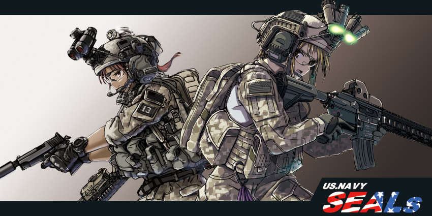 2girls american_flag ammunition_pouch assault_rifle backpack bag blonde_hair brown_hair camouflage eotech gloves gun handgun helmet load_bearing_vest long_hair looking_to_the_side magazine_(weapon) military military_combat_uniform military_operator military_uniform multiple_girls night-vision_device open_mouth original pistol pouch rifle safety_glasses scope sig_sauer suppressor teeth tom_keith trigger_discipline uniform united_states_army watch weapon wide_field_of_view_device yellow_eyes