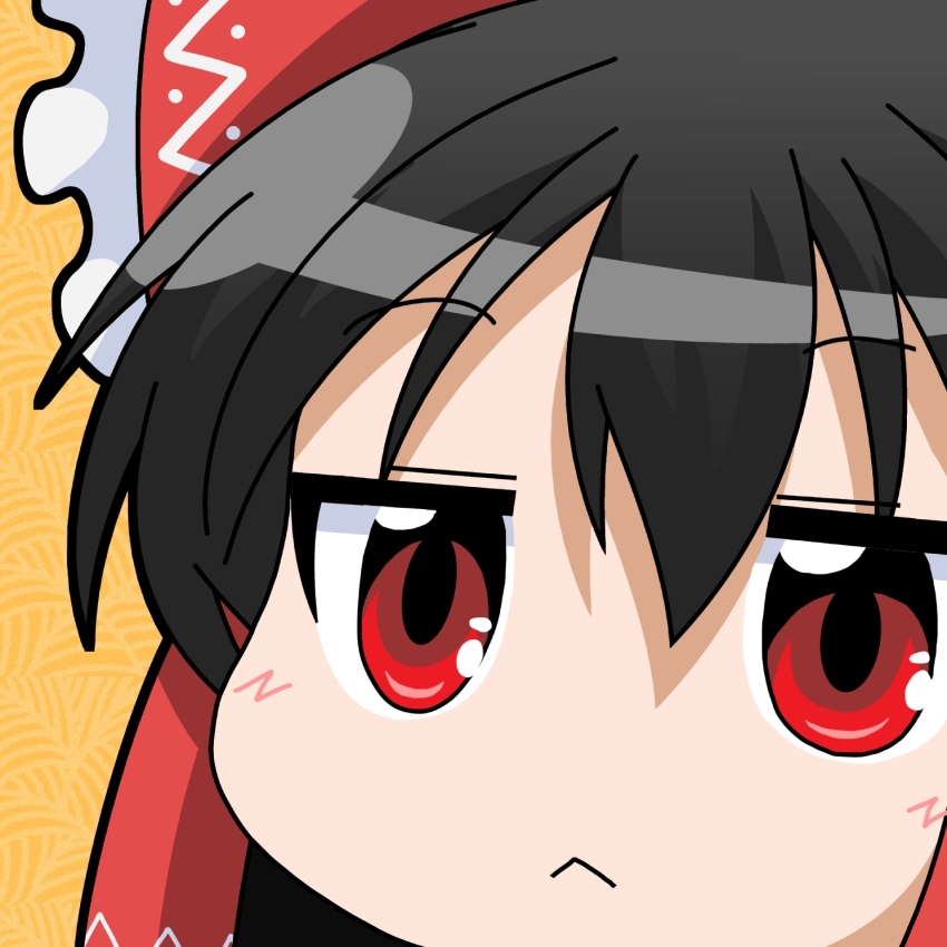 1girl :&lt; black_hair bow close-up commentary_request hair_between_eyes hair_bow hair_ornament hakurei_reimu highres jitome mikazuki_neko orange_background red_eyes solo touhou