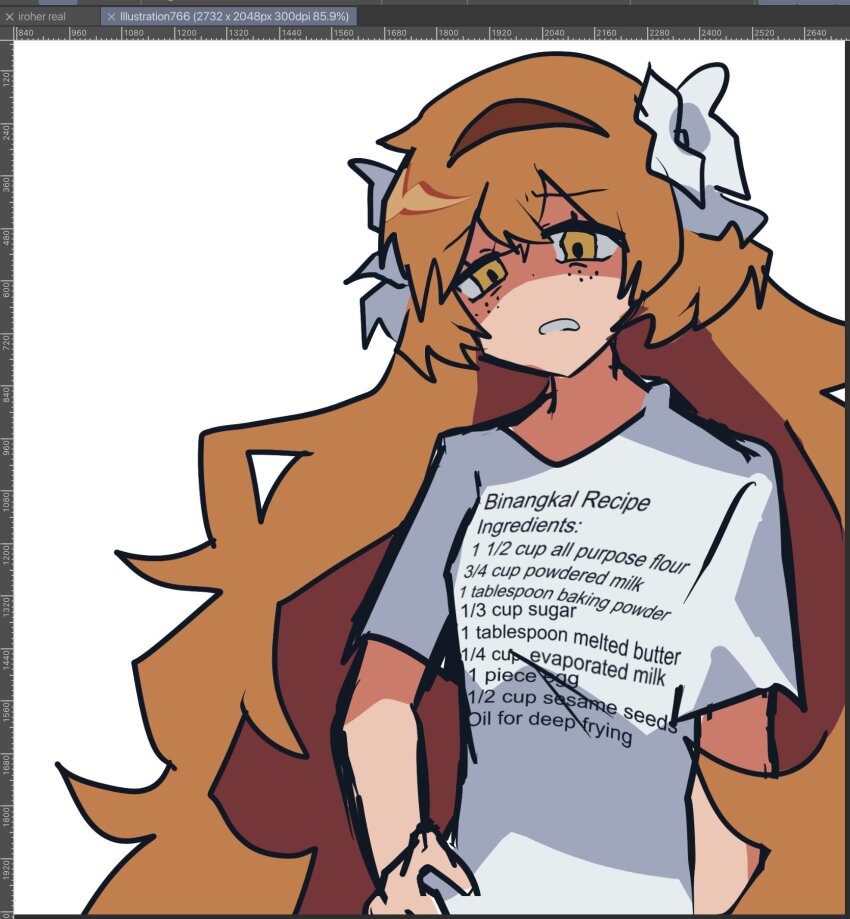1girl art_program_in_frame binangkal_recipe_(meme) bow brown_hair freckles hair_bow hairband hand_on_own_hip highres ishmael_(project_moon) kotori_trinity limbus_company long_hair meme print_shirt project_moon recipe shirt solo t-shirt text_print unamused upper_body very_long_hair white_shirt yellow_eyes