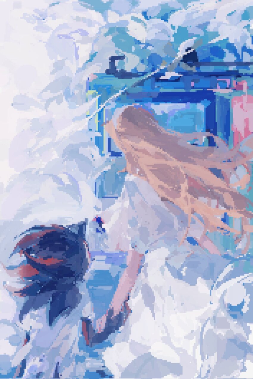1boy 1girl blonde_hair ciuchviicuq cloud dress from_behind furry furry_male heaven highres holding_hands long_hair maria_robotnik pixel_art shadow_the_hedgehog sonic_(series) white_dress