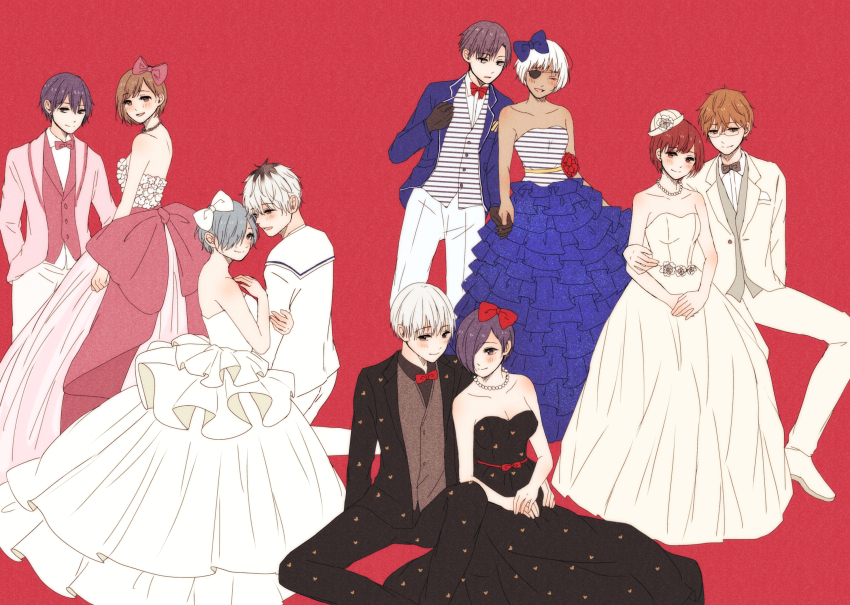 5boys 5girls arm_hug bad_id bad_pixiv_id bare_shoulders black_gloves black_hair blue_bow blue_dress blush bow bowtie brown_hair collared_shirt commentary_request dress dress_flower dual_persona earrings flower formal_clothes fueguchi_hinami gloves green_hair grey_jacket hair_bow hair_over_one_eye hetero highres husband_and_wife jacket jewelry kaneki_ken kirishima_ayato kirishima_touka kotochi_re large_bow layered_dress layered_skirt long_dress long_skirt looking_at_another multiple_boys multiple_girls mutsuki_tooru necklace nishino_kimi nishio_nishiki off-shoulder_dress off_shoulder pants pink_bow pink_vest purple_hair red_background red_bow red_flower red_neckwear sasaki_haise shirt short_hair simple_background skirt smile striped_clothes striped_shirt striped_vest tokyo_ghoul tokyo_ghoul:re urie_kuki vest wedding_dress white_dress white_flower white_hair white_headwear white_jacket white_pants white_shirt