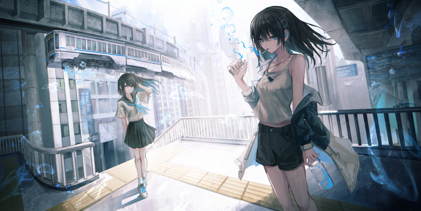 2girls absurdres bare_shoulders black_hair black_jacket black_sailor_collar black_shorts black_skirt blue_eyes blue_fire blue_hair blue_neckerchief bottle building cigarette city clock closed_mouth clothes_down colored_inner_hair day digital_media_player ear_piercing earbuds earphones english_text fire floating_hair hair_between_eyes hair_ornament highres holding holding_bottle holding_lighter jacket lighter long_hair looking_at_viewer midriff_peek multicolored_hair multicolored_jacket multiple_girls neckerchief open_clothes open_jacket original outdoors parted_lips piercing pleated_skirt railing sabire105 sailor_collar school_uniform serafuku shirt shoes short_sleeves shorts sign skirt smoke smoke_trail smoking sneakers socks standing suspension_railway tank_top train white_footwear white_jacket white_shirt white_socks white_tank_top x_hair_ornament