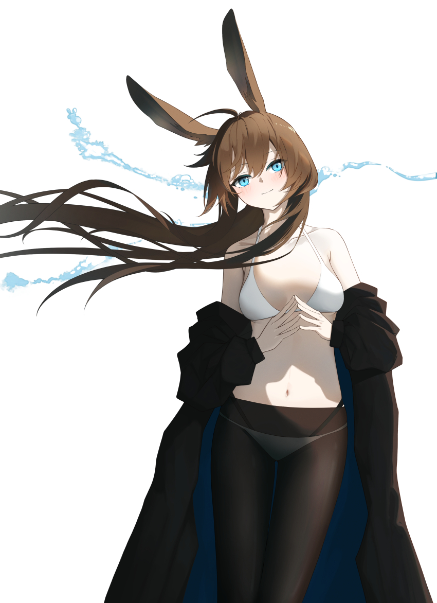 1girl absurdres amiya_(arknights) animal_ears arknights bare_shoulders black_coat black_pantyhose blue_eyes blush bra breasts brown_hair closed_mouth coat collarbone floating_hair hachimin8_(shrine_kyo) highres long_hair long_sleeves looking_at_viewer medium_breasts navel no_shirt off_shoulder own_hands_together panties pantyhose simple_background solo steepled_fingers underwear water white_background white_bra white_panties