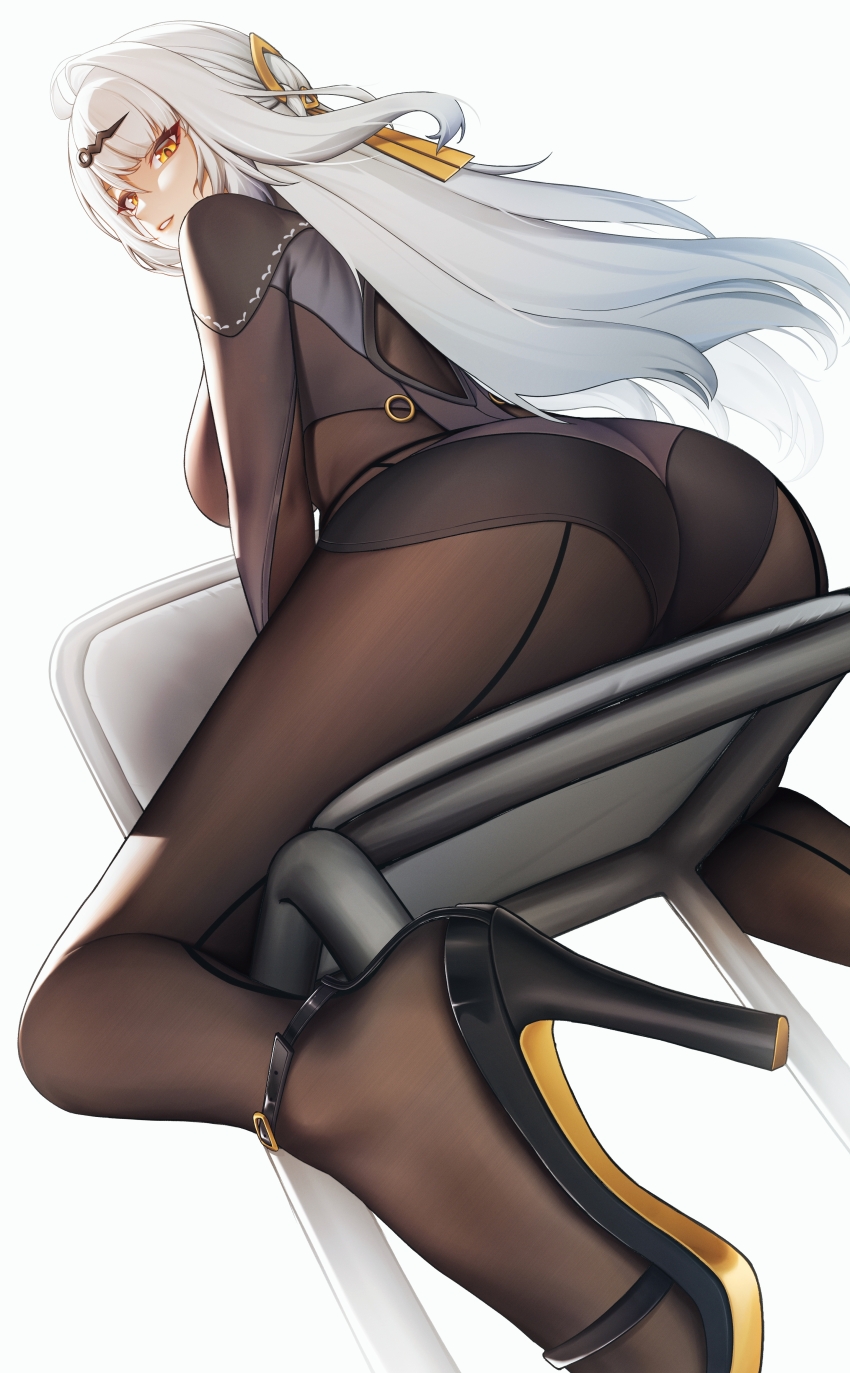 1girl absurdres ahoge ass black_pantyhose black_shoes black_shorts black_unitard breasts chair from_behind from_below hair_ornament high-waist_shorts high_heels highres large_breasts long_hair looking_at_viewer looking_back looking_down mimuxiao pantyhose shoes shorts single_hair_intake sitting solo thighs very_long_hair white_hair yellow_eyes yixuan_(zenless_zone_zero) zenless_zone_zero