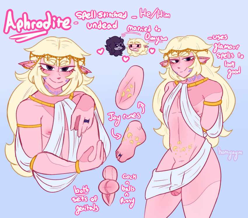 1boy aphrodite_(hornynym) armlet armpit_crease armpits artist_name barefoot blonde_hair bracelet commentary earrings english_commentary eyelashes fairy feet flaccid foreskin gold gold_armlet gold_bracelet greek_text head_chain highres hornynym jewelry long_hair male_futanari nipples nude original penis penis_peek pointy_ears presenting_armpit pussy reference_sheet ring runes simple_background smile smirk solo split_mouth standing testicles thick_thighs thighs trap undead