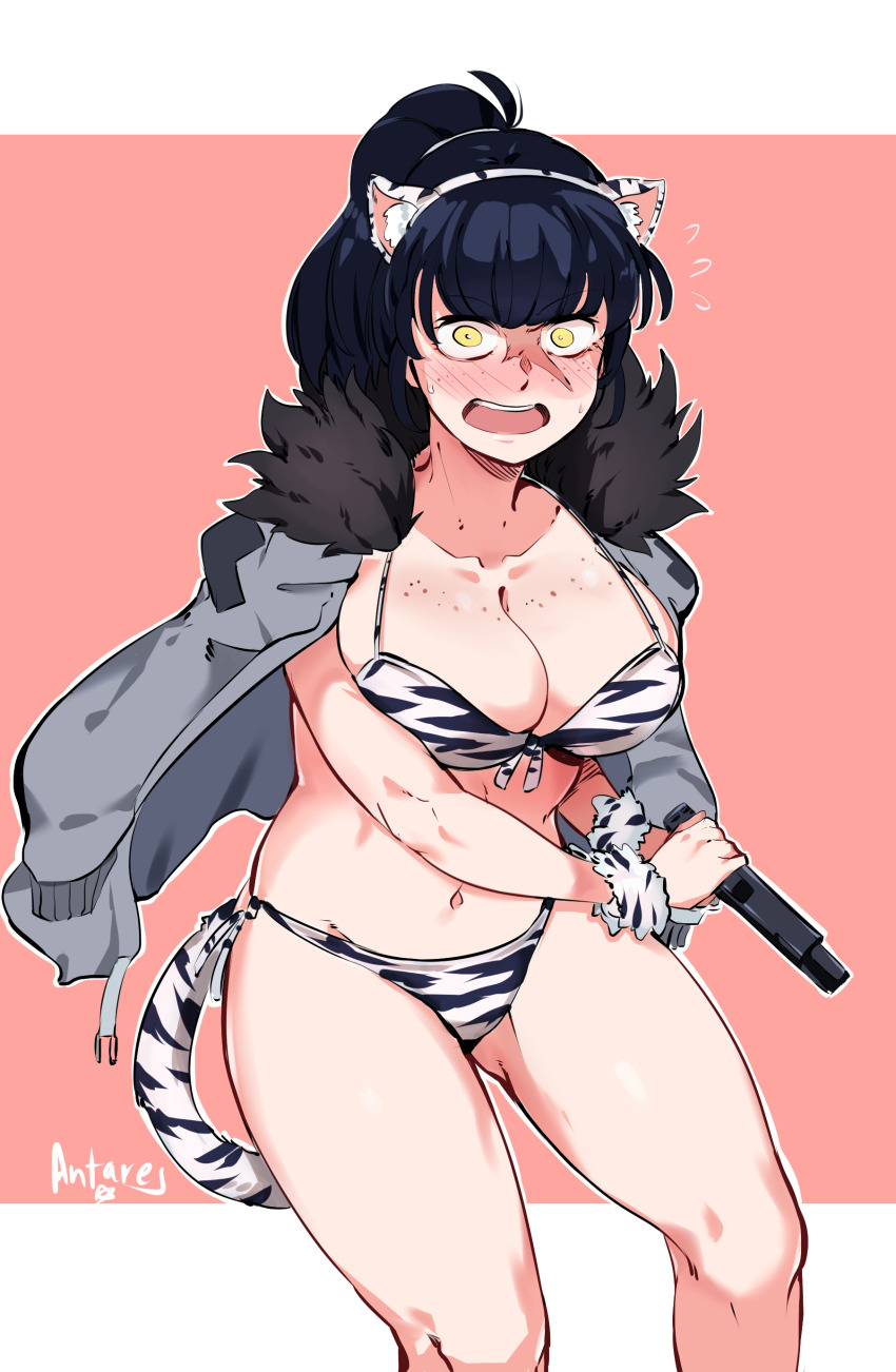 1girl absurdres animal_ear_fluff animal_ears animal_print antares_topaz antenna_hair arm_under_breasts bare_legs bikini black_fur black_hair blush body_freckles border breasts cat_ears cleavage collarbone detailed_knuckles embarrassed fake_animal_ears fake_tail freckles fur-trimmed_jacket fur_trim grey_jacket gun handgun highres holding holding_gun holding_weapon jacket jacket_on_shoulders jet_(star_linker) large_breasts linea_alba long_bangs long_hair looking_at_viewer messy_hair midriff navel open_mouth outline pale_skin patch ponytail scar scar_on_face scar_on_nose shiny_skin shoulder_patch sideboob signature solo star_(symbol) star_linker striped_bikini striped_clothes swimsuit tail teeth thick_thighs thighs tiger_print tiger_tail tongue two-tone_background upper_teeth_only weapon white_bikini white_border white_outline yellow_eyes