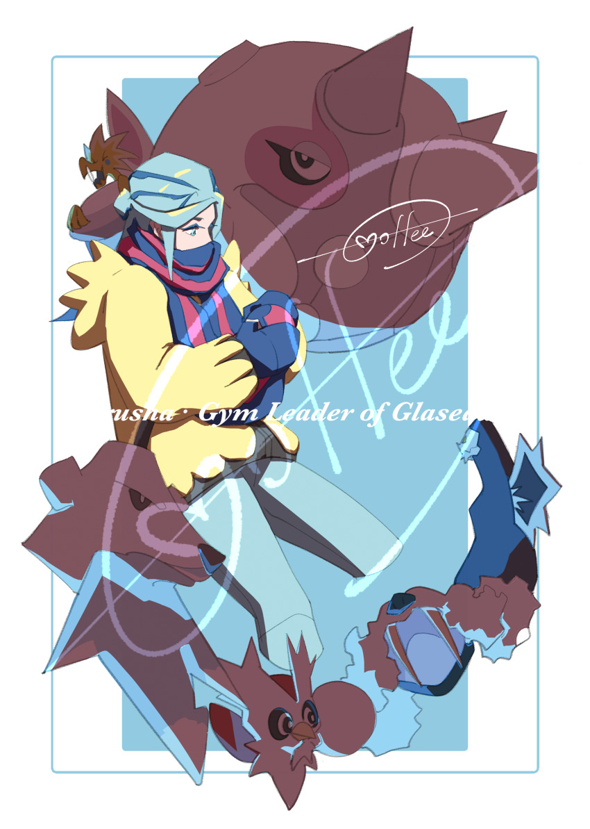 1boy absurdres aqua_eyes aqua_hair baxcalibur beartic blue_mittens blue_scarf border cccacademia cetitan character_name commentary_request delibird gen_2_pokemon gen_3_pokemon gen_5_pokemon grusha_(pokemon) highres holding jacket long_sleeves looking_down male_focus mittens nintendo pants pokemon pokemon_(creature) pokemon_sv scarf signature walrein white_border yellow_jacket