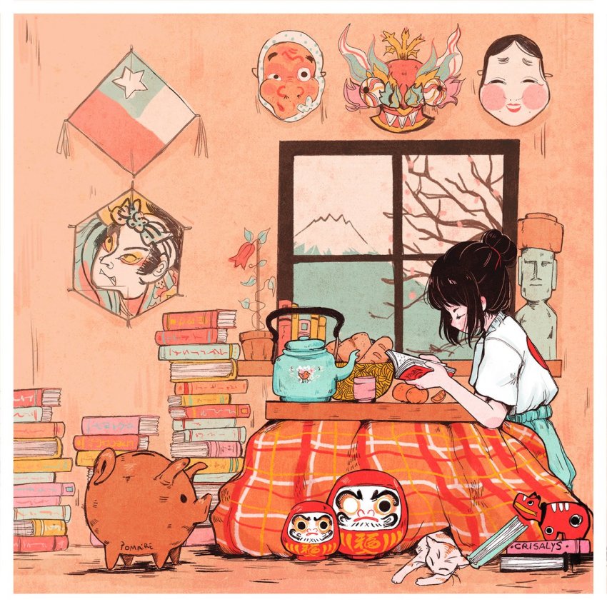 1girl artist_name book book_stack bread cat chilean_flag crisalys cup daruma_doll flower food highres holding holding_book japanese_clothes kotatsu mask mount_fuji open_book original pig piggy_bank reading sitting table teapot tree window