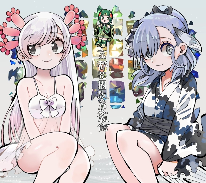 3girls animal_costume blue_hair closed_mouth green_eyes green_hair grey_eyes hair_ornament japanese_clothes jinmen-gyo_(kemono_friends) kanmoku-san kemono_friends kemono_friends_3 kimono lingerie long_hair looking_at_viewer mexico_salamander_(kemono_friends) multiple_girls negligee open_mouth red-eared_slider_(kemono_friends) ribbon stained_glass translation_request underwear white_hair