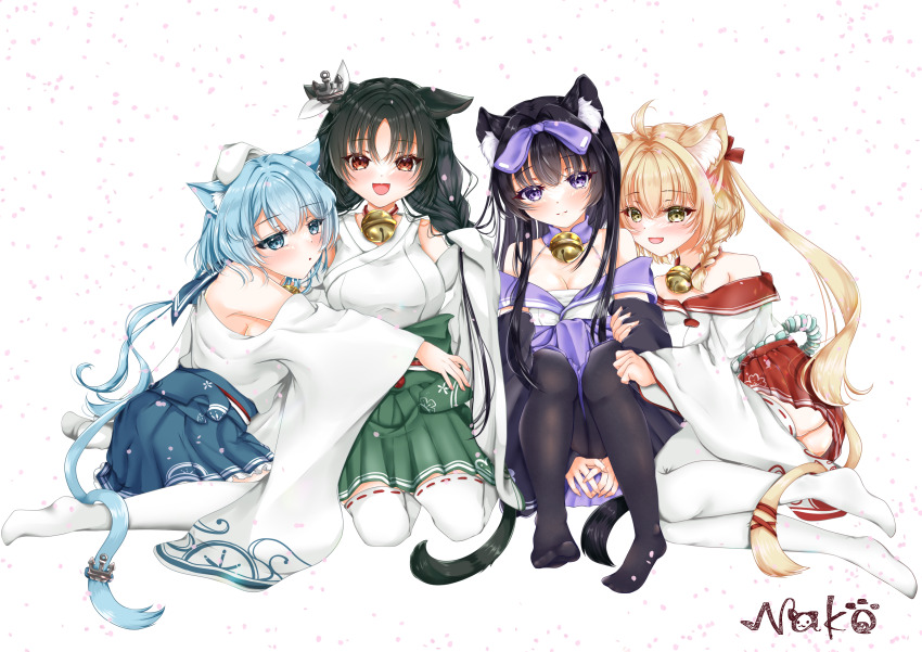 4girls absurdres animal_ear_fluff animal_ears arashio_(azur_lane) artist_name asashio_(azur_lane) azur_lane bell black_hair black_pantyhose blonde_hair blue_eyes blue_hair blue_skirt braid breasts cat_ears cat_girl cleavage closed_mouth green_skirt highres japanese_clothes jingle_bell michishio_(azur_lane) multiple_girls nako_nya neck_bell ooshio_(azur_lane) pantyhose parted_bangs purple_eyes red_eyes signature simple_background skirt thighhighs white_background white_thighhighs wide_sleeves
