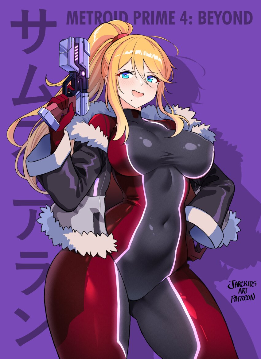 1girl absurdres adapted_costume artist_name black_bodysuit blonde_hair blue_eyes bodysuit breasts commentary copyright_name covered_navel cowboy_shot duplicate english_commentary fur-trimmed_jacket fur_trim gun hair_elastic hand_on_own_hip high_ponytail highres holding holding_gun holding_weapon jacket jarckius large_breasts long_hair metroid metroid_prime_4:_beyond mole mole_under_mouth multicolored_bodysuit nintendo open_mouth plasma_pistol ponytail power_suit_(metroid) purple_background red_bodysuit samus_aran simple_background solo two-tone_bodysuit vi-o-la_suit weapon zero_suit