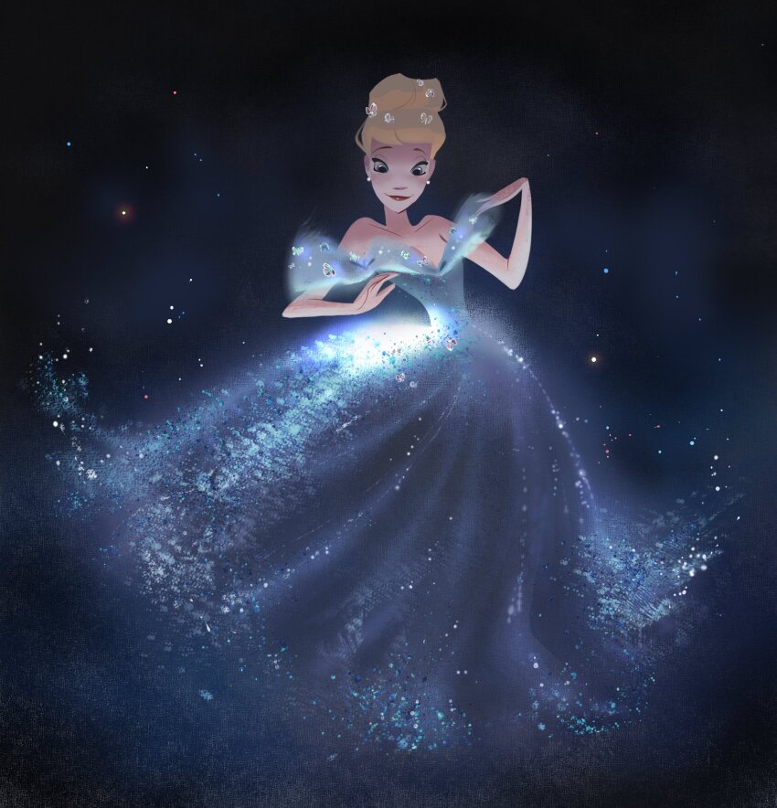 1girl bare_arms bare_shoulders black_background blonde_hair blue_dress blue_eyes breasts bug butterfly butterfly_on_head cinderella_(disney_character) cinderella_(disney_movie) cleavage closed_mouth collarbone commentary downturned_eyes dress earrings english_commentary floating_clothes full_body gown hair_bun happy highres insect jewelry light_particles lipstick long_dress looking_at_viewer magic makeup off-shoulder_dress off_shoulder pleated_dress red_lips short_hair short_sleeves single_hair_bun smile solo sphere_earrings standing stardust_axel updo white_butterfly