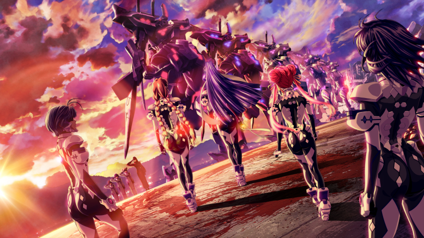 6+girls absurdres antenna_hair ass ayamine_kei black_hair blue_hair braid breasts cloud commission double_bun ebisu_minagi fortified_suit hair_bun highres kamiyo_tatsumi long_hair mecha mecha_pilot_suit medium_breasts medium_hair mitsurugi_meiya multiple_girls muv-luv muv-luv_alternative pilot_suit ponytail popgun_(22882502) robot sakaki_chizuru salute science_fiction skeb_commission sky sunset tactical_surface_fighter tamase_miki tomoe_yukino tsukuyomi_mana twin_braids twintails type_00_takemikazuchi very_long_hair walking yoroi_mikoto