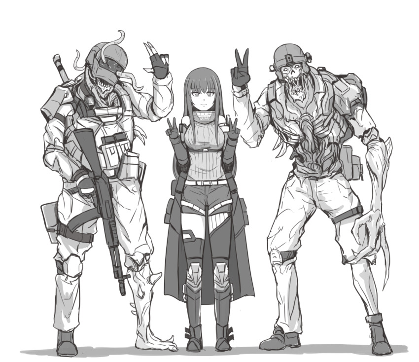 1girl 2boys cellphone commentary_request elid_(girls&#039;_frontline) eyes_visible_through_hair girls&#039;_frontline gloves korean_commentary m4a1_(girls&#039;_frontline) m4a1_(mod3)_(girls&#039;_frontline) military military_uniform mod3_(girls&#039;_frontline) multiple_boys mutation phone pouch selby smile soldier spoilers torn_clothes torn_gloves v warts zombie