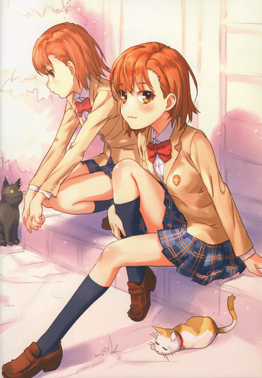 2020 20s 2girls :3 absurdres black_socks blush bow bowtie brown_eyes brown_footwear brown_hair brown_jacket cat clone collar full_body highres huge_filesize jacket looking_at_viewer matching_hair/eyes miniskirt misaka_imouto misaka_mikoto multiple_girls outdoors pleated_skirt porch raika9 scan school_uniform shirt shoes short_hair sitting skirt smile socks squatting thighs toaru_kagaku_no_railgun toaru_majutsu_no_index tokiwadai_school_uniform white_shirt winter_uniform