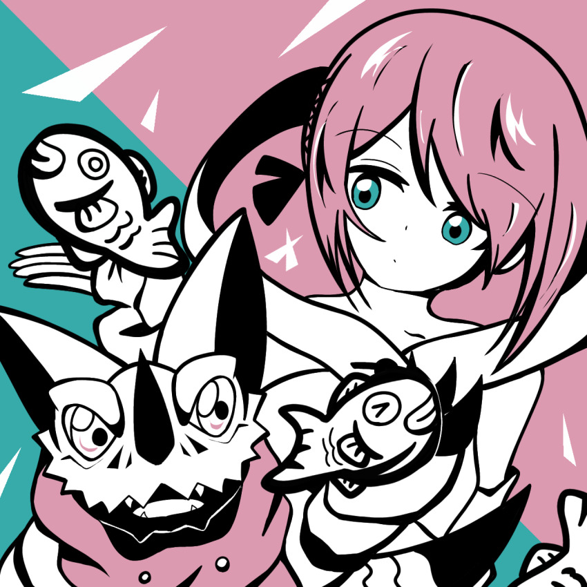 blue_eyes digimon digimon_(creature) digimon_rearise hackmon_(digimon) highres horns mon_(digimon_rearise) pink_hair scarf