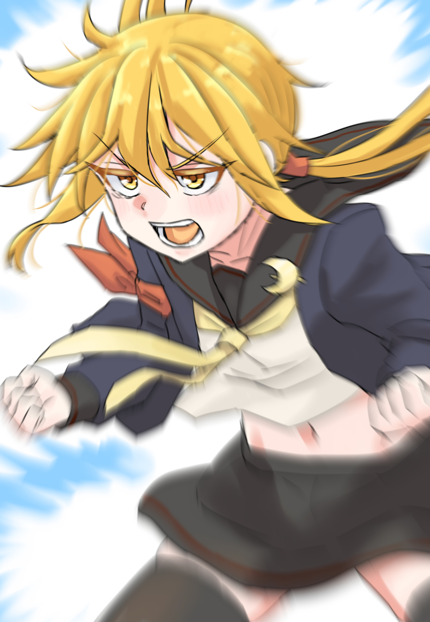 1girl absurdres armband black_sailor_collar black_skirt black_thighhighs blonde_hair blue_jacket cowboy_shot crescent crescent_pin highres jacket kantai_collection long_hair long_sleeves low_twintails motion_blur neckerchief nekotarou_(nktr299) open_mouth sailor_collar satsuki_(kancolle) satsuki_kai_ni_(kancolle) school_uniform serafuku skirt solo teeth thighhighs twintails white_thighhighs yellow_eyes yellow_neckerchief