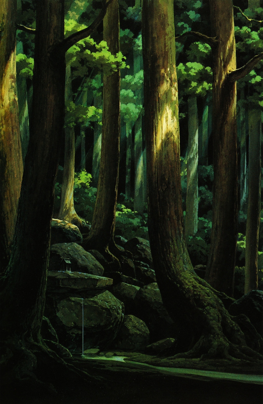 absurdres dark day dripping foliage forest highres kamidana mononoke_hime nature no_humans official_art oga_kazuo outdoors painting_(medium) rock scan scenery shade stream third-party_source traditional_media tree
