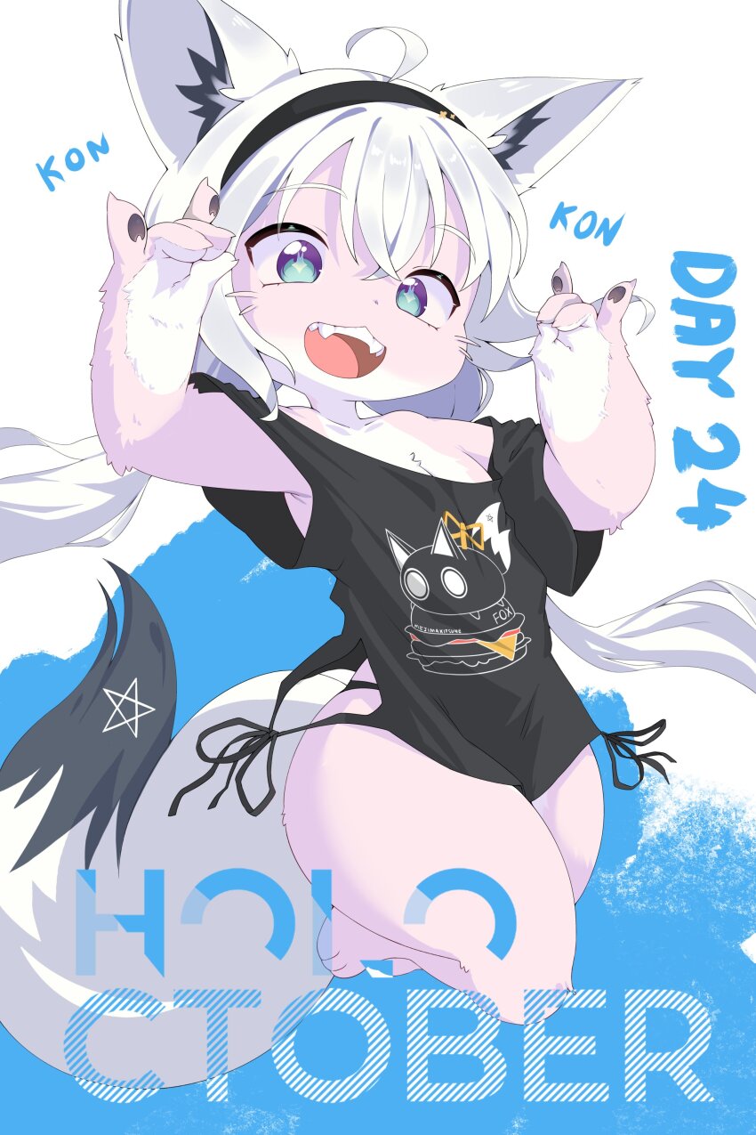 1girl :d absurdres ahoge animal_ear_fluff animal_ears animalization aqua_eyes armpit_peek arms_up bare_shoulders barefoot black_headband black_panties black_shirt diamond-shaped_pupils diamond_(shape) dot_nose double_fox_shadow_puppet english_text excited feet fox_ears fox_shadow_puppet fox_tail furry furry_female hakimen headband highres hololive jumping legs_up long_hair looking_afar mullet multicolored_tail off-shoulder_shirt off_shoulder open_mouth panties pentagram shirakami_fubuki shirt smile solo symbol-shaped_pupils tail teeth thick_thighs thighs tongue underwear upper_teeth_only very_long_hair virtual_youtuber wavy_hair white_background white_hair