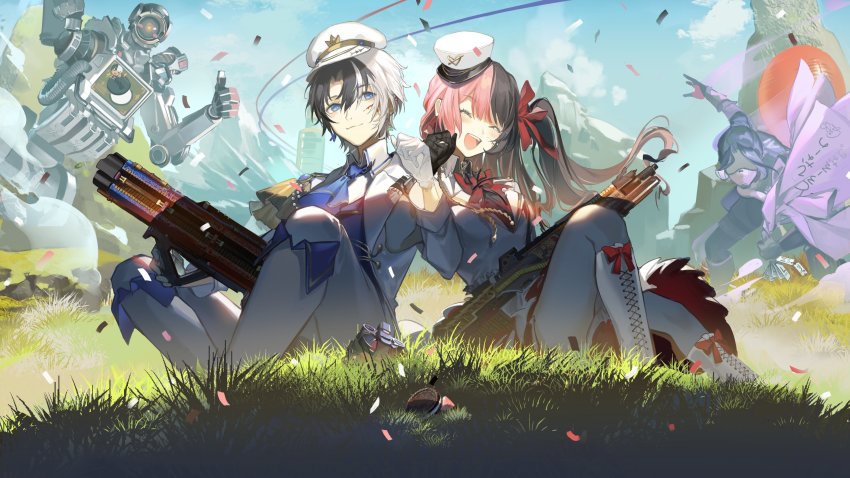 2boys 2girls absurdres apex_legends ascot assault_rifle black_hair blue_ascot blue_eyes bow energy_gun explosive grenade gun highres holding holding_gun holding_weapon humanoid_robot indie_virtual_youtuber iris_black_games jacket kamito_(vtuber) kanou_(ianeko) multicolored_hair multiple_boys multiple_girls oreo pathfinder_(apex_legends) pink_hair r-301_carbine red_bow ribbon rifle robot sitting smile tachibana_hinano_(2nd_costume) tachibana_hinano two-tone_hair virtual_youtuber void_specialist_wraith vspo! weapon white_hair white_jacket wraith_(apex_legends)