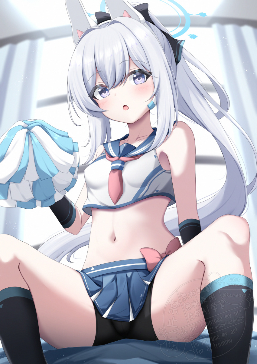 absurdres alternate_costume bike_shorts black_gloves black_socks blue_archive blue_halo cheerleader gloves grey_hair hair_between_eyes hair_ornament halo highres kamesys kneehighs long_hair looking_at_viewer miyako_(blue_archive) navel pom_pom_(cheerleading) purple_eyes rabbit_hair_ornament socks thighs