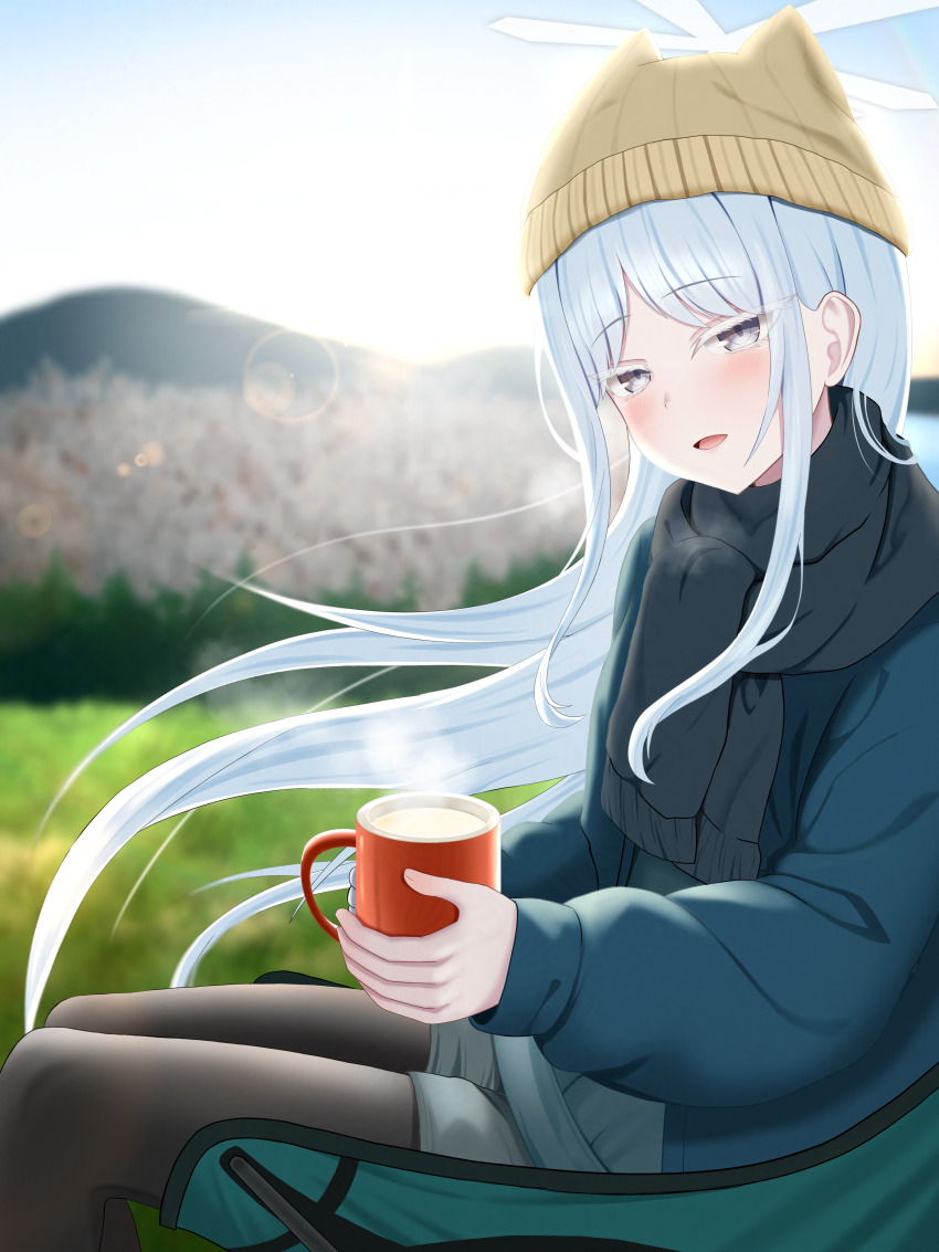 1girl absurdres animal_ear_headwear black_pantyhose black_scarf blue_archive blue_jacket blush bush camping_chair coffee_mug cup fake_animal_ears flower from_side green_shorts hair_between_eyes hat highres holding holding_cup jacket kuinanoda long_hair looking_at_viewer mountainous_horizon mug nagusa_(blue_archive) on_chair open_mouth pantyhose scarf shorts sidelocks sun_glare white_eyes white_flower white_hair yellow_hat