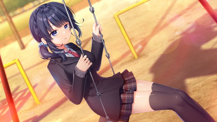 1girl alpha_(yukai_na_nakamatachi) black_coat black_skirt black_thighhighs blue_eyes blue_hair blue_scrunchie coat game_cg hair_ornament hair_scrunchie lens_flare long_hair long_sleeves miniskirt necktie open_mouth outdoors plaid_clothes plaid_skirt pleated_skirt ponytail red_necktie scrunchie shiny_clothes shiny_legwear shiny_skin sitting skirt solo sousaku_kanojo_no_renai_koushiki thighhighs tsukimizaka_kiriha zettai_ryouiki