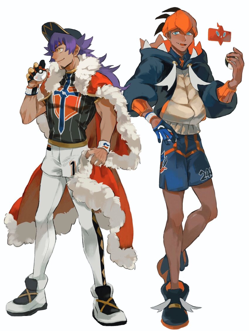 2boys baseball_cap black_footwear black_hair black_headwear black_hoodie cape champion_uniform closed_mouth collared_shirt commentary_request dark-skinned_male dark_skin dynamax_band earrings facial_hair fang fur-trimmed_cape fur_trim gen_4_pokemon gloves hand_up hat headband highres holding holding_poke_ball hood hoodie jewelry knees leggings leon_(pokemon) long_hair male_focus multiple_boys nintendo open_mouth orange_headband partially_fingerless_gloves poke_ball pokemon pokemon_swsh purple_hair raihan_(pokemon) red_cape rotom rotom_phone shield_print shirt shoes short_hair short_shorts short_sleeves shorts side_slit side_slit_shorts simple_background single_glove smile standing sword_print tokeru ultra_ball white_background white_shorts yellow_eyes