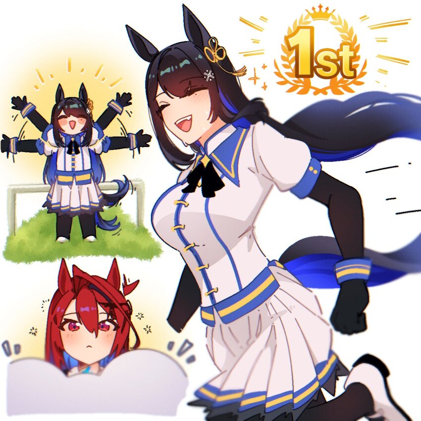 alternate_costume animal_ears asymmetrical_horns black_hair blue_fire cosplay demon_horns elizabeth_rose_bloodflame fire flower highres holoadvent hololive hololive_english horn_flower horns horse_ears horse_girl horse_tail hyurisaki kemonomimi_mode mole mole_under_eye multicolored_hair nerissa_ravencroft panther_ears red_eyes red_hair simple_background skirt split-color_hair tail two-tone_hair umamusume uneven_horns virtual_youtuber