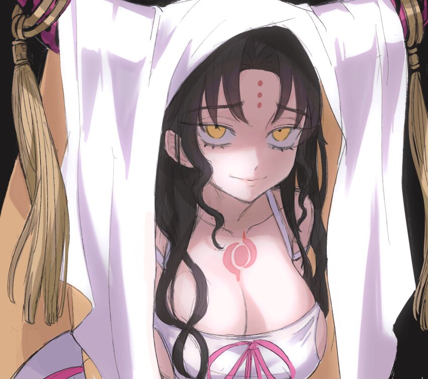 1girl black_hair breasts cleavage demon_girl demon_horns dress fate/grand_order fate_(series) highres horns large_breasts looking_at_viewer revealing_clothes sessyoin_kiara solo takustorage white_dress