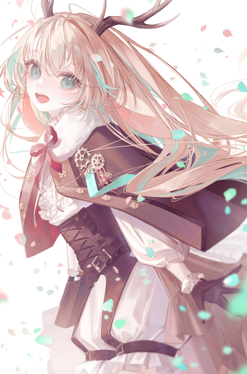 1girl absurdres animal_ears antlers belt black_gloves blonde_hair blue_eyes brown_belt brown_capelet brown_corset capelet center_frills corset cowboy_shot deer_ears frills gloves highres horns long_hair looking_at_viewer looking_to_the_side nanashi_inc. neck_ribbon open_mouth petals pouch red_ribbon ribbon shirt simple_background smile solo tsukinoki_tirol virtual_youtuber white_background white_shirt yoggi_(stretchmen)