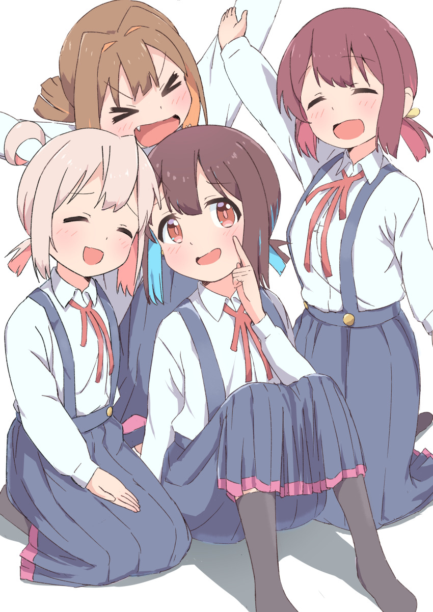 &gt;_&lt; 4girls :d absurdres ahoge alternate_hair_length alternate_hairstyle black_skirt black_socks blue_hair brown_eyes brown_hair colored_inner_hair commentary_request facing_viewer fang hair_between_eyes hair_intakes highres hozuki_momiji kaai_yuu light_blush long_sleeves looking_at_viewer matching_hairstyle multicolored_hair multiple_girls murosaki_miyo neck_ribbon no_shoes oka_asahi onii-chan_wa_oshimai! open_mouth orange_hair oyama_mahiro pink_hair ponytail red_hair red_ribbon ribbon school_uniform shirt short_ponytail simple_background sitting skirt smile socks suspender_skirt suspenders two-tone_hair white_background white_shirt wing_collar xd