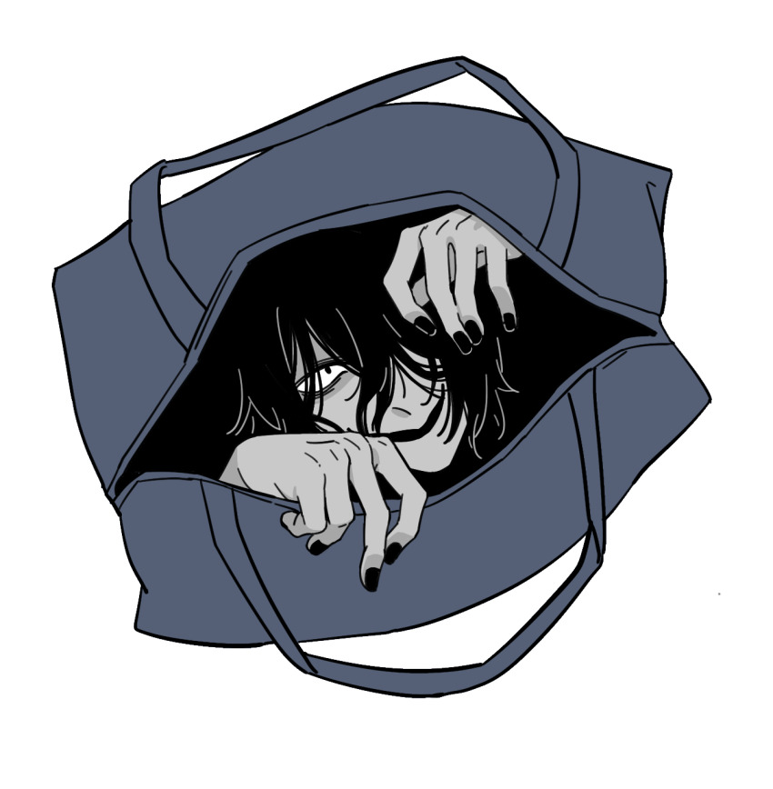 1boy bag black_eyes black_hair black_nails chinese_commentary commentary_request diguayuyu duffel_bag hair_over_one_eye highres homicipher looking_at_viewer male_focus mr._gap short_hair simple_background solo white_background