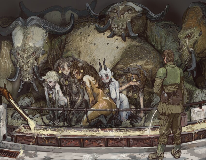 1boy 4girls absurdres animal_nose armor astra_militarum breasts chain collar goat_horns hay highres horns monster_girl mossacannibalis multiple_girls pee red_eyes scar slave_brand soldier trough warhammer_40k