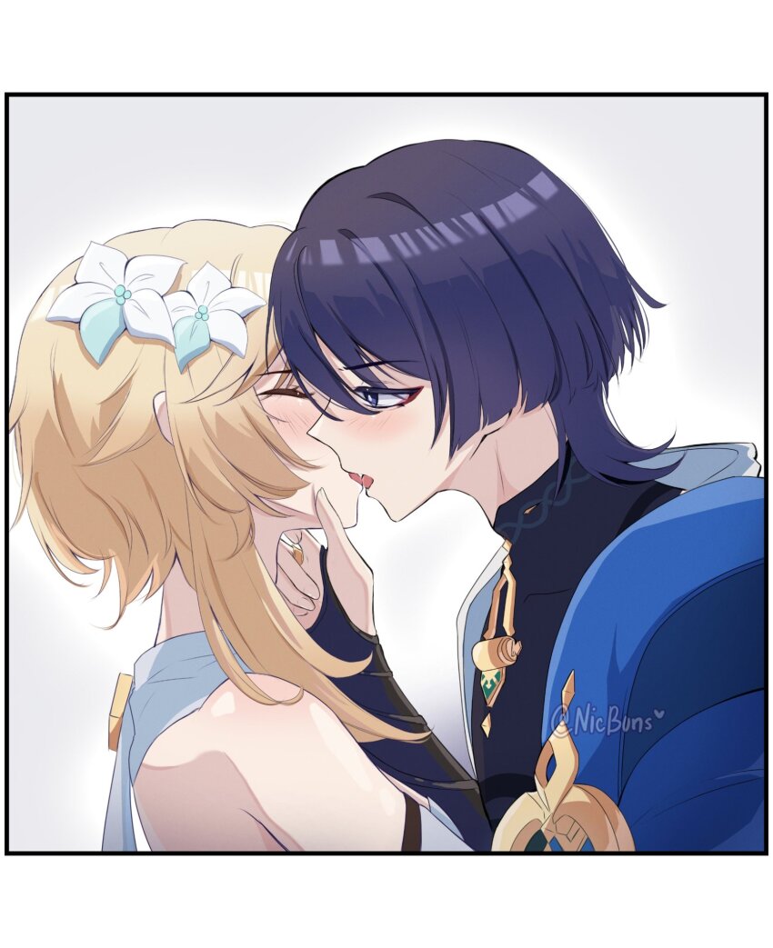 1boy 1girl adam&#039;s_apple aqua_flower armor black_bodysuit black_border black_bridal_gauntlets black_hair blonde_hair blue_cape blunt_ends blush bodysuit border bridal_gauntlets bright_pupils cape closed_eyes couple covered_collarbone detached_sleeves drooling eyelashes face-to-face fingernails flower french_kiss from_side genshin_impact gold gold_ring hair_flower hair_ornament half-closed_eyes hand_on_another&#039;s_chin hetero highres japanese_armor japanese_clothes kimono kiss kote kurokote looking_at_another lumine_(genshin_impact) mandarin_collar middle_ring mouth_drool multicolored_flower nicbuns open_clothes open_kimono open_mouth profile purple_eyes saliva scaramouche_(genshin_impact) scarf short_hair short_hair_with_long_locks sidelocks twitter_username wanderer_(genshin_impact) white_flower white_kimono white_pupils white_scarf white_sleeves
