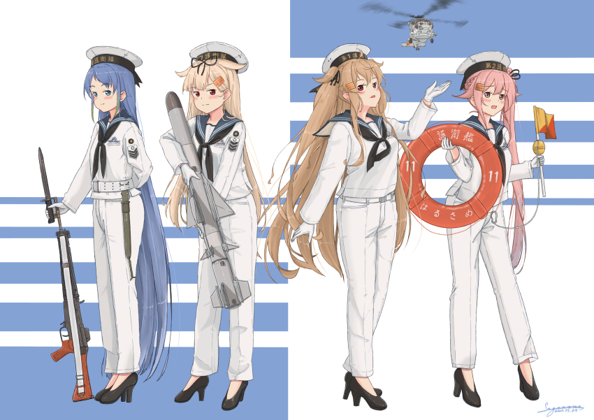 4girls absurdres aircraft alternate_costume bad_id bad_pixiv_id battle_rifle bayonet black_footwear black_neckerchief black_ribbon blonde_hair blue_eyes blue_hair blue_sailor_collar braid brown_eyes clothes_writing flag flower full_body gloves gradient_hair gun hair_flaps hair_flower hair_ornament hair_ribbon hairclip harusame_(kancolle) hat helicopter heterochromia high_heels highres holding holding_flag holding_missile holding_swim_ring holding_weapon howa_type_64 innertube japan_maritime_self-defense_force japan_self-defense_force kantai_collection light_brown_hair long_hair military military_uniform multicolored_hair multiple_girls murasame_(kancolle) neckerchief pants pink_hair red_eyes ribbon rifle sagoromo_04 sailor_collar sailor_hat sailor_shirt samidare_(kancolle) sea_sparrow_missile shirt side_ponytail swept_bangs swim_ring two_side_up uh-60_blackhawk very_long_hair weapon white_gloves white_headwear white_pants yuudachi_(kancolle)