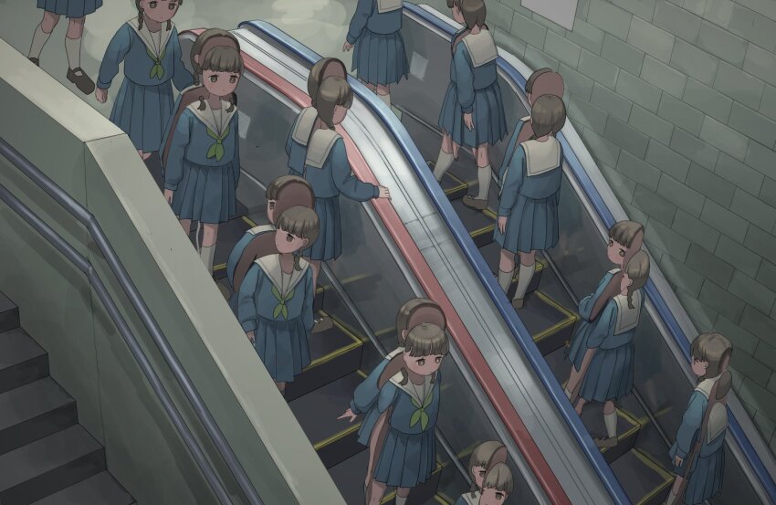 6+girls bisected blue_serafuku blue_skirt body_horror braid escalator expressionless from_above green_neckerchief indoors multiple_girls neckerchief original pleated_skirt school_uniform serafuku shoes short_hair skirt socks stairs surreal tensen_(dotted_line) twin_braids uwabaki white_socks