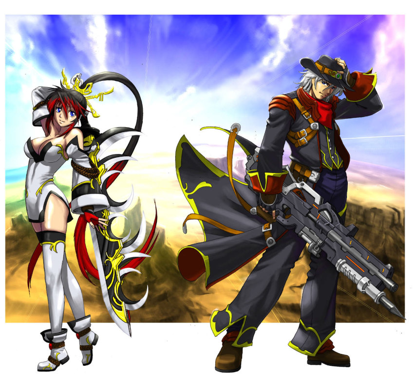 1boy 1girl banpresto belt black_hair blue_eyes breasts cleavage cowboy cowboy_hat cowboy_western detached_sleeves dress fingerless_gloves gloves grey_hair gun hair_ornament harken_browning hat highres huge_weapon kazue large_breasts long_hair long_sword md5_mismatch multicolored_hair nanbu_kaguya pile_bunker ponytail red_hair strapless strapless_dress super_robot_wars super_robot_wars_og_saga_mugen_no_frontier sword thighhighs two-tone_hair weapon western white_hair