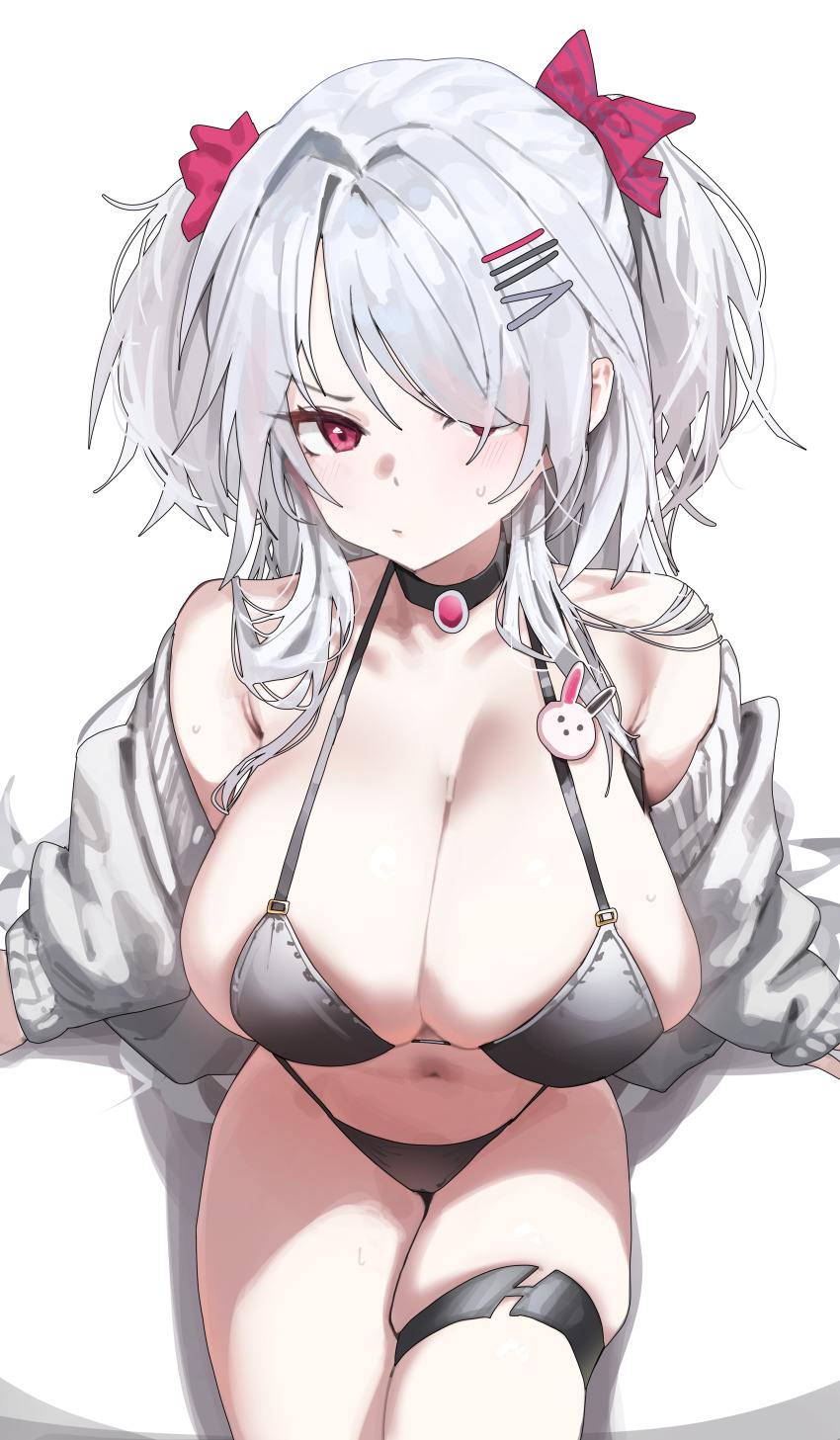 1girl absurdres bare_shoulders bikini black_bikini black_choker bow breasts choker cleavage closed_mouth commentary_request commission frown hair_bow hair_ornament hair_over_one_eye hairclip halterneck highres huge_breasts jacket korean_commentary long_hair long_sleeves looking_at_viewer navel off_shoulder open_clothes open_jacket original rashford red_eyes riche_leilani second-party_source simple_background sitting skindentation solo stomach string_bikini sweat swimsuit thigh_strap thighs two_side_up v-shaped_eyebrows white_background white_hair white_jacket