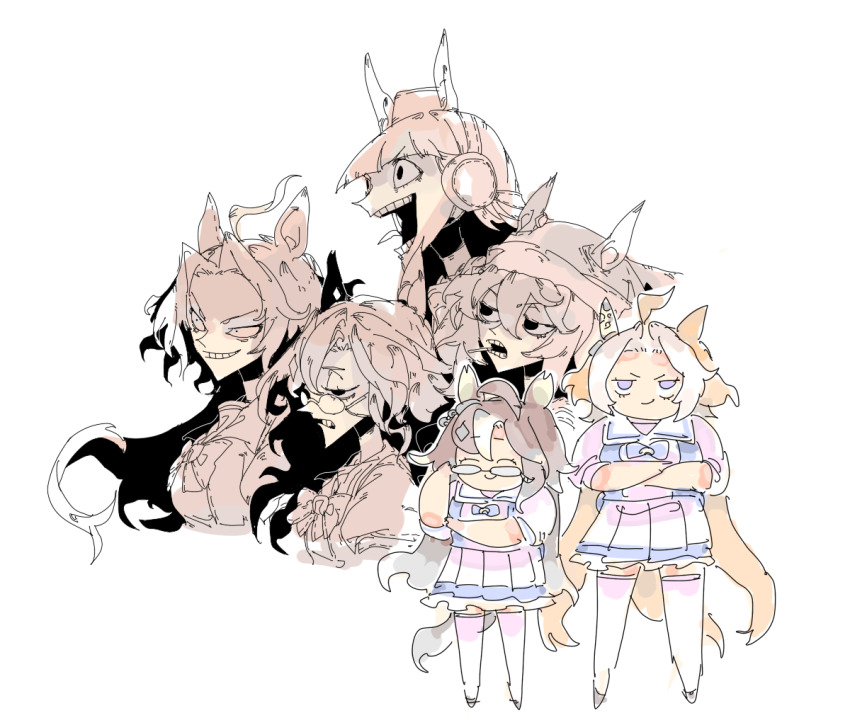 4girls adjusting_eyewear ahoge animal_ears beanie blunt_bangs bow bowtie brown_hair commentary crazy_eyes crossed_arms deformed dream_journey_(umamusume) ear_covers ear_ornament ears_through_headwear eyewear_strap from_side getter_robo getter_team_pose_(meme) glasses gold_ship_(umamusume) hair_between_eyes hat headgear horse_ears horse_girl horse_tail huge_ahoge long_hair meme multiple_girls nakayama_festa_(umamusume) orfevre_(umamusume) oshaka_(haguki) pillbox_hat pleated_skirt puffy_short_sleeves puffy_sleeves purple_bow purple_bowtie purple_eyes purple_shirt sailor_collar sailor_shirt school_uniform shirt short_sleeves single_ear_cover single_hair_intake skirt smile summer_uniform symbol-only_commentary tail thighhighs tongue tongue_out tracen_school_uniform umamusume v-shaped_eyebrows very_long_hair white_hair white_sailor_collar white_skirt white_thighhighs