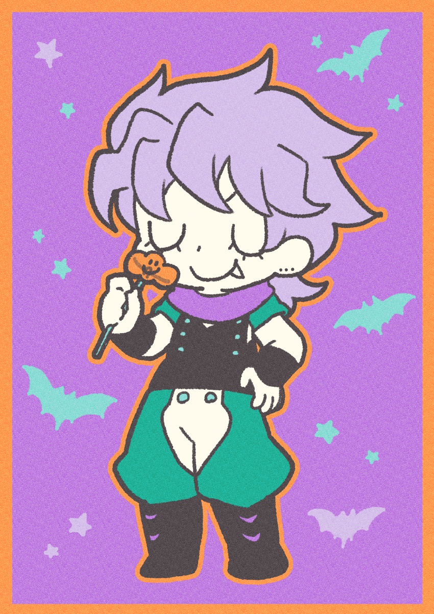 1boy absurdres bat_(animal) black_boots black_vest boots border candy chibi closed_eyes closed_mouth colored_skin dio_brando ear_birthmark fang fang_out food full_body green_pants green_shirt halloween hand_on_own_hip highres holding jojo_no_kimyou_na_bouken lollipop m_a_a_m_8 male_focus orange_outline outline pants phantom_blood purple_background purple_hair purple_scarf scarf shirt short_sleeves smile solo standing star_(symbol) two-tone_pants u_u vampire vest white_pants white_skin wristband