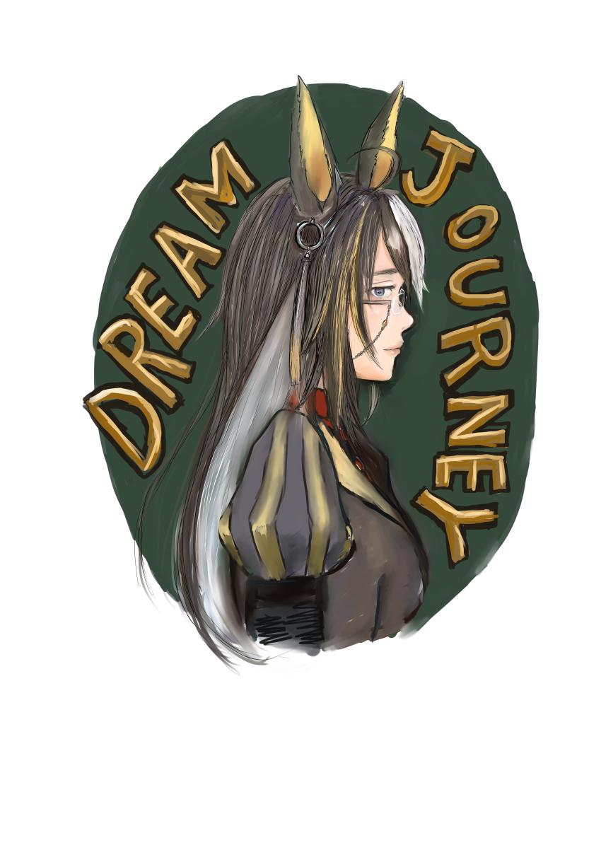 1girl 33ki71 absurdres ahoge animal_ears black_hair blonde_hair blue_eyes breasts censored character_name colored_inner_animal_ears dream_journey_(umamusume) ear_ornament eyewear_strap from_side grey_hair grey_shirt highres horse_ears horse_girl looking_at_viewer medium_breasts mosaic_censoring multicolored_hair puffy_sleeves semi-rimless_eyewear shirt simple_background solo streaked_hair umamusume under-rim_eyewear white_background