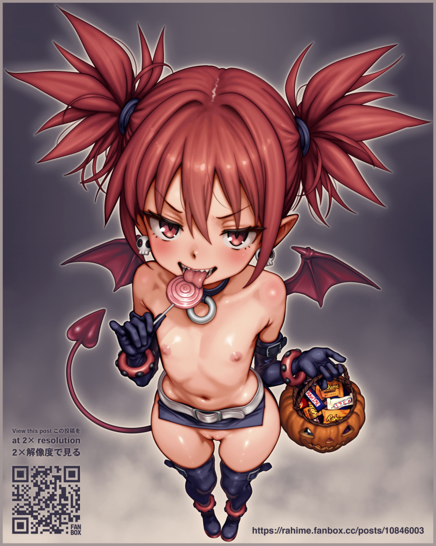 absurdres anklet armlet bat_wings belt belt_buckle boots bottomless breasts buckle candy choker collarbone demon_girl demon_tail demon_wings disgaea drooling earrings etna_(disgaea) exhibitionism eye_contact fanbox_username flat_chest food gloves highres holding holding_candy holding_food holding_lollipop jack-o&#039;-lantern jewelry leather licking loli lolibaba lollipop lollipop_in_mouth looking_at_another mesugaki naughty_face navel nipples pixiv_fanbox pointy_ears pov public_indecency pussy rahime red_eyes red_hair reflective_clothes saliva sharp_teeth short_twintails skull_earrings small_breasts swirl_lollipop tail teeth thigh_boots thighhighs thighs topless_female trick_or_treat twintails wide_hips wings