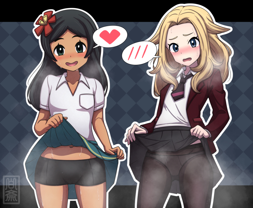 :d bike_shorts_under_skirt black_hair blonde_hair blush breast_pocket breath clothes_lift collared_shirt commentary_request commission flower green_skirt hair_flower hair_ornament hakusai_(user_nkkd7242) heart jacket lass_(pokemon) lifting_own_clothes long_hair long_sleeves looking_at_viewer necktie nintendo open_mouth outline panties panties_under_pantyhose pantyhose parted_bangs pleated_skirt pocket pokemon pokemon_sm pokemon_swsh red_flower red_jacket school_uniform shirt shirt_lift short_necktie short_sleeves sidelocks skeb_commission skirt skirt_lift smile spoken_blush spoken_heart steaming_body sweat underwear white_shirt
