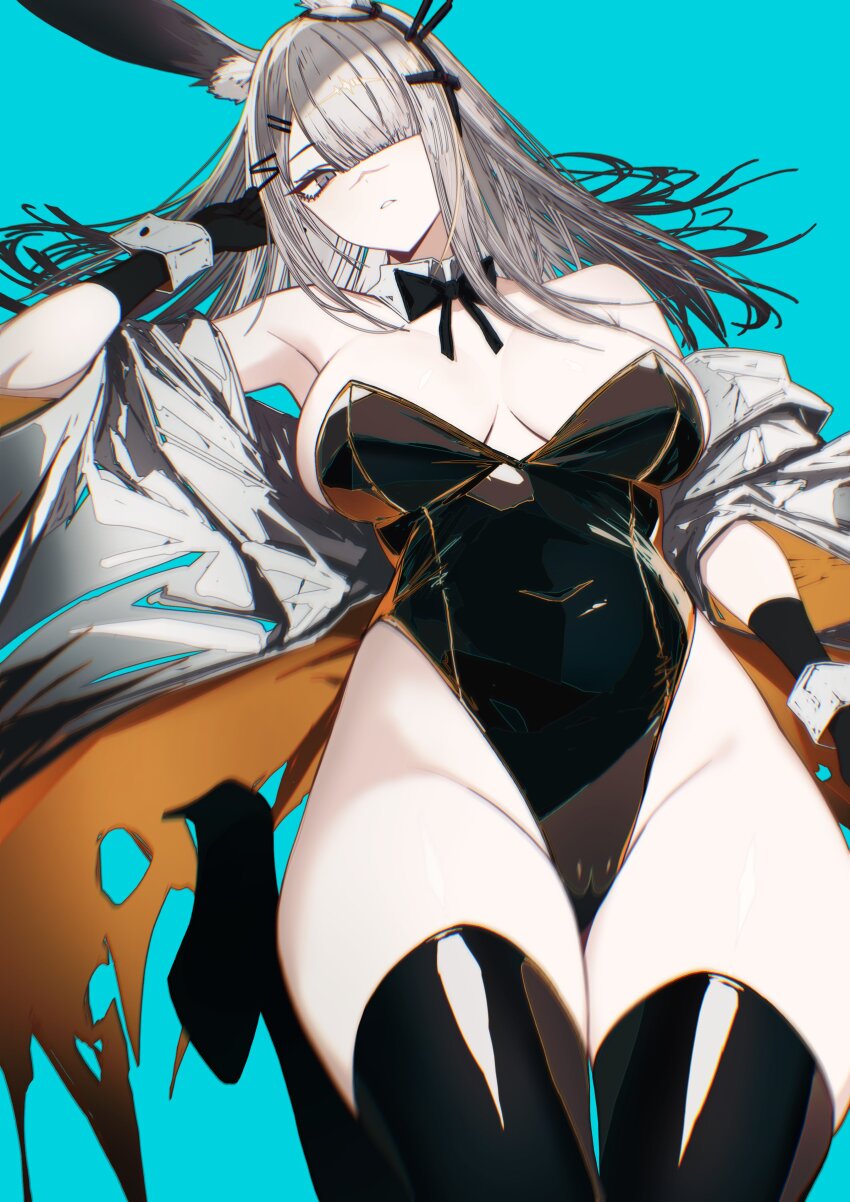 1girl absurdres alternate_costume animal_ear_fluff animal_ears aqua_background arknights asymmetrical_bangs black_bow black_bowtie black_footwear black_gloves black_leotard black_thighhighs blunt_bangs bow bowtie breasts cameltoe chromatic_aberration cleavage coat commentary detached_collar expressionless foot_out_of_frame frostnova_(arknights) gloves grey_eyes grey_hair hair_ornament hair_over_one_eye hairclip hand_in_own_hair high_heels highleg highleg_leotard highres large_breasts leotard long_hair looking_at_viewer off_shoulder open_clothes open_coat parted_lips playboy_bunny rabbit_ears rabbit_girl scar scar_on_face scar_on_nose simple_background solo thighhighs torn_clothes torn_coat vxdrq white_coat wrist_cuffs