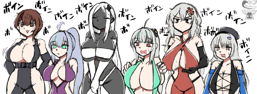 6+girls admi_(nikke) ahoge alternate_breast_size_(larger) aria_(nikke) bags_under_eyes black_skin bodysuit bouncing_breasts breasts brown_eyes brown_hair cleavage closed_eyes closed_mouth clothing_cutout collared_bodysuit colored_skin dark-skinned_female dark_skin delta_(nikke) delta_(ninja_thief)_(nikke) elbow_gloves epinel_(nikke) gloves goddess_of_victory:_nikke green_eyes green_hair grey_hair guero_nuko hair_between_eyes hair_ornament hat highres hip_vent large_breasts long_hair looking_at_viewer medium_hair messy_hair multicolored_hair multiple_girls ninja official_alternate_costume ponytail red_eyes short_hair sleeveless sleeveless_bodysuit soline_(nikke) streaked_hair two-tone_hair very_dark_skin very_long_hair white_hair yellow_eyes yulha_(nikke)