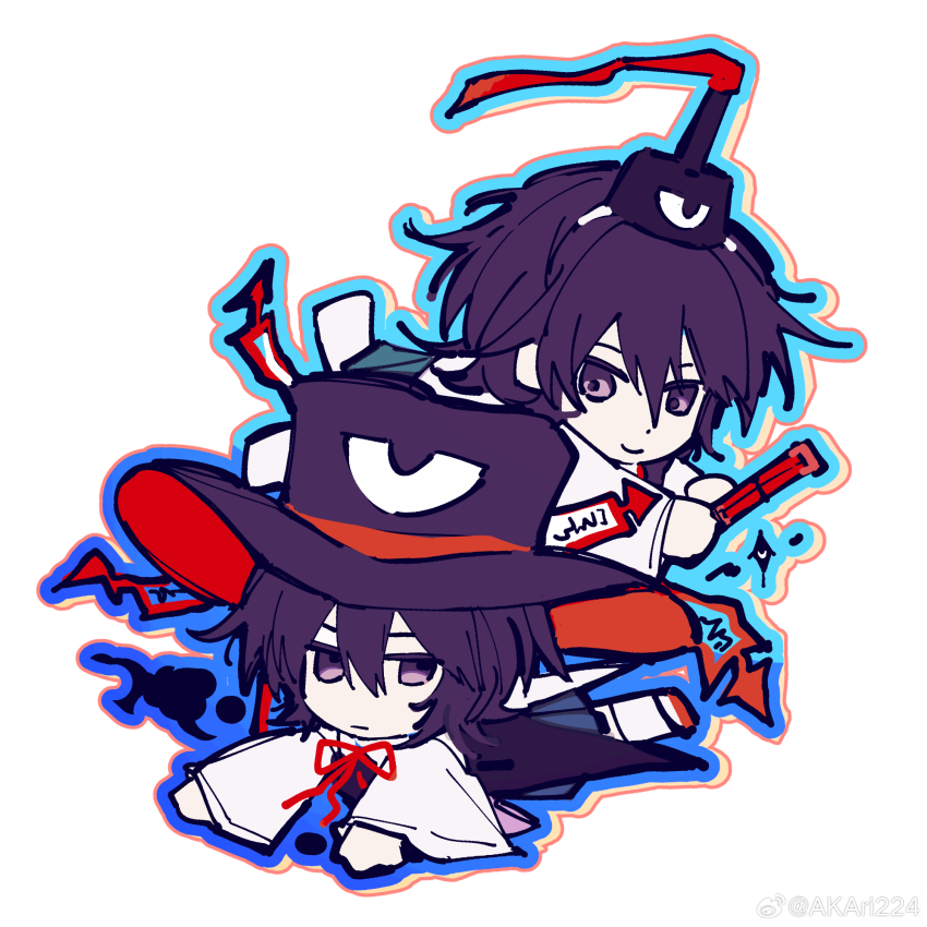 2others androgynous ankle_socks black_coat black_eyes black_hair black_hat blue_outline chibi chinese_commentary closed_mouth coat coattails collared_shirt commentary_request dot_nose enraku_tsubakura expressionless eye_of_senri gradient_outline green_hakama hair_between_eyes hairband hakama hakama_short_skirt hakama_skirt hat hat_ribbon highres holding holding_rod japanese_clothes kariginu len&#039;en long_sleeves looking_at_viewer lying messy_hair multiple_others neck_ribbon ofuda ofuda_on_clothes oiviie on_stomach other_focus outline red_footwear red_hat red_ribbon ribbon rod sandals senri_tsurubami shirt short_hair simple_background skirt sleeveless sleeveless_coat smile socks tate_eboshi top_hat two-sided_fabric two-sided_headwear watermark weibo_watermark white_background white_hairband white_shirt white_socks wide_sleeves zouri