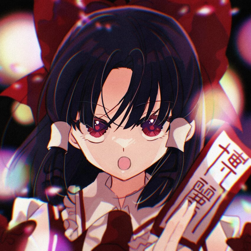 1girl :o ascot between_fingers black_hair bow commentary_request frilled_bow frills hair_bow hair_tubes hakurei_reimu highres holding katsuragi_atori long_hair ofuda ofuda_between_fingers open_mouth parted_bangs portrait red_ascot red_bow red_eyes red_vest ribbon_trim shirt sidelocks solo touhou vest white_shirt