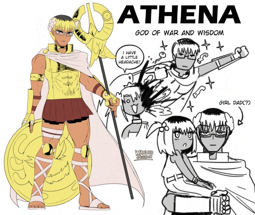 1boy 2girls :o arm_up armor arrow_(symbol) athena_(mythology) bare_shoulders bishounen blonde_hair blood breastplate brown_skirt cape carrying carrying_person character_name dark-skinned_male dark_skin english_text expressionless eyeball eyelashes father_and_daughter gauntlets genderswap genderswap_(ftm) genderswap_(mtf) glasses gold gold_armlet gold_armor greek_mythology greyscale hair_bobbles hair_ornament head_wreath holding holding_shield holding_staff jewelry knee_pads looking_at_viewer male_focus monochrome mother_and_daughter multiple_girls multiple_views neck_ring original pleated_skirt rectangular_eyewear shield short_hair side_ponytail skirt sleeveless sparkle speech_bubble split_head staff wanderjegson white-framed_eyewear white_cape zeus_(mythology)
